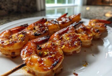 Close-up of perfectly glazed Grilled Honey Garlic Shrimp skewers garnished with lemon zest on a white plate.