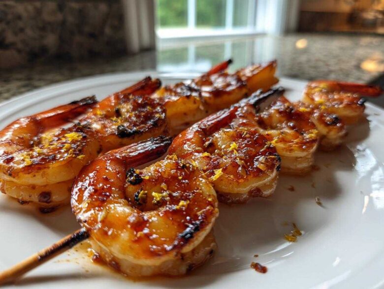 Close-up of perfectly glazed Grilled Honey Garlic Shrimp skewers garnished with lemon zest on a white plate.