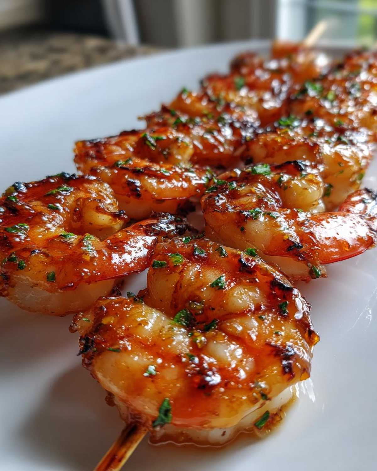 Close-up of perfectly cooked Grilled Honey Garlic Shrimp skewers glistening with a sweet glaze and topped with fresh parsley.