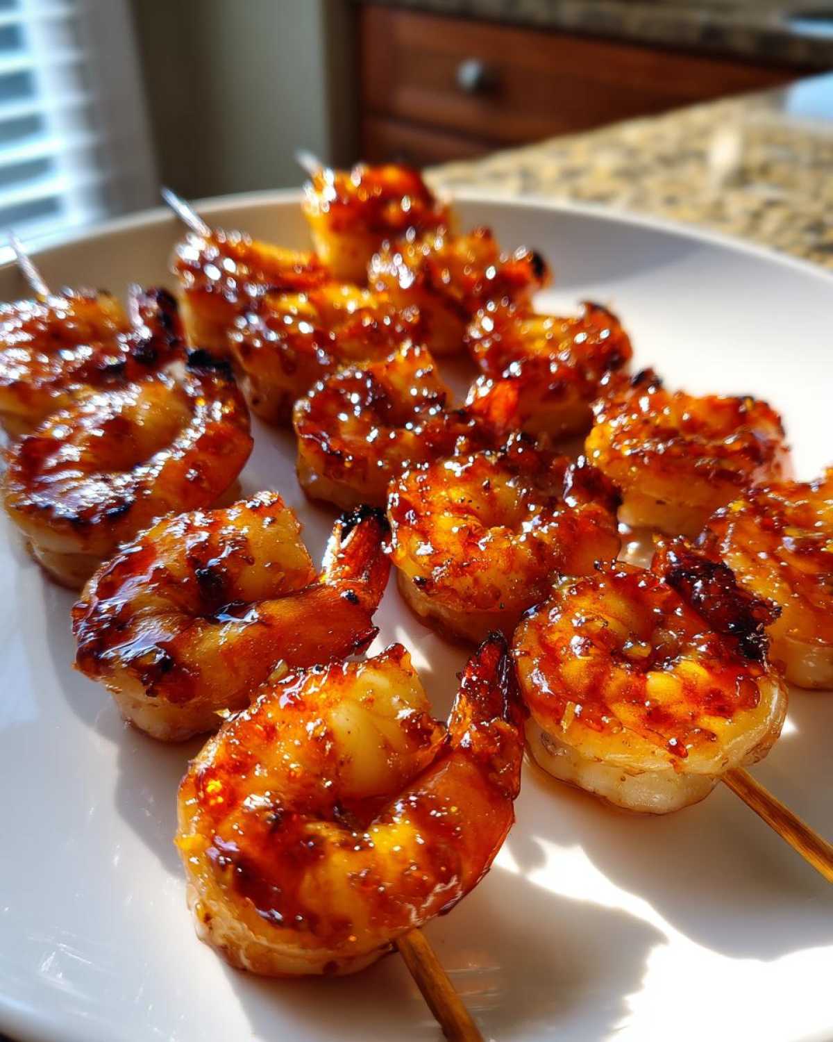 Close-up of perfectly cooked Grilled Honey Garlic Shrimp skewers glistening with a sweet, caramelized glaze on a white plate.
