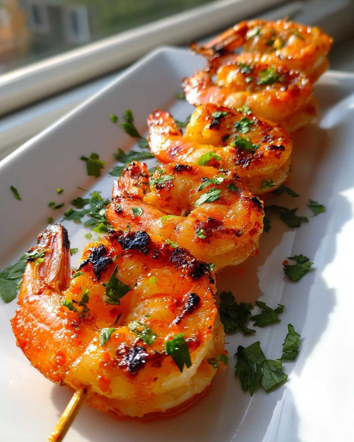 Close-up of perfectly grilled sweet chili bang bang shrimp skewers garnished with fresh parsley on a white platter.