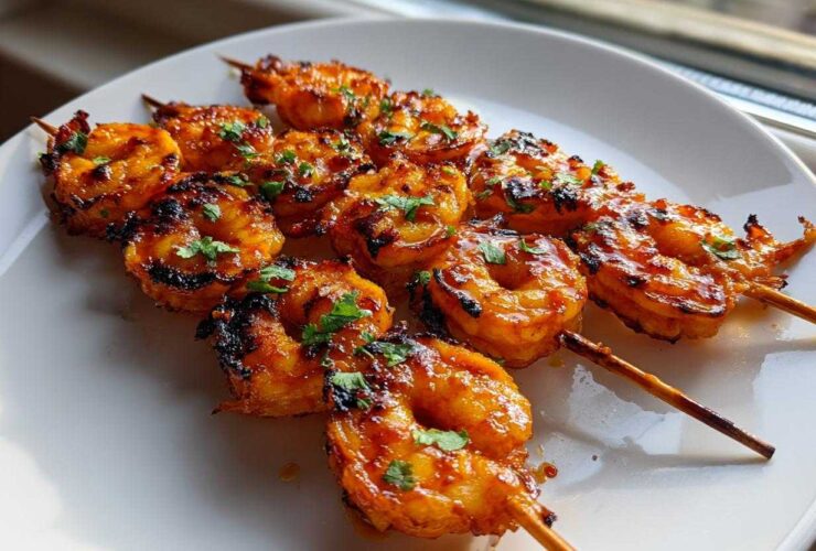 Close-up of several Grilled Sweet Chili Bang Bang Shrimp Skewers glazed with sauce and garnished with parsley on a white plate.