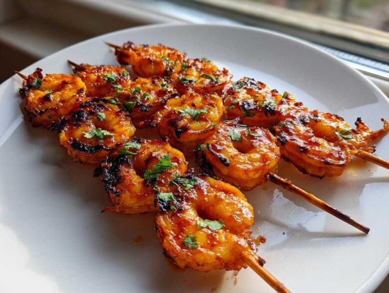 Close-up of several Grilled Sweet Chili Bang Bang Shrimp Skewers glazed with sauce and garnished with parsley on a white plate.