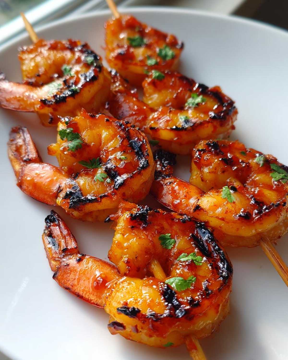 Close-up of perfectly grilled Sweet Chili Bang Bang Shrimp Skewers glazed with sauce and garnished with parsley.
