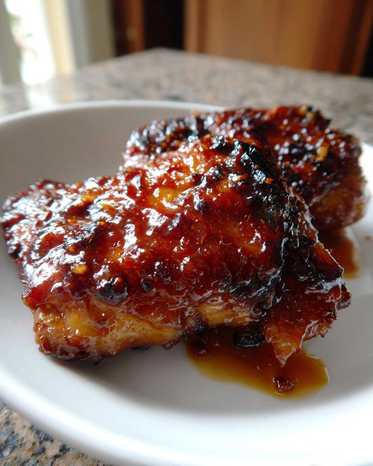 Two pieces of richly glazed Hawaiian Huli Huli Chicken resting in a white bowl with extra sauce.