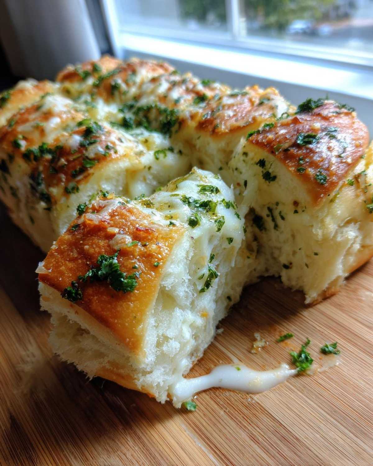 Close-up of cheesy Hawaiian Roll Garlic Bread, pulled apart showing melted cheese and parsley.
