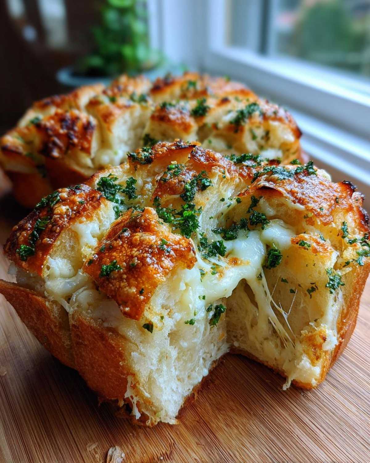 Close-up of cheesy Hawaiian Roll Garlic Bread with melted cheese pulling apart and topped with fresh parsley.