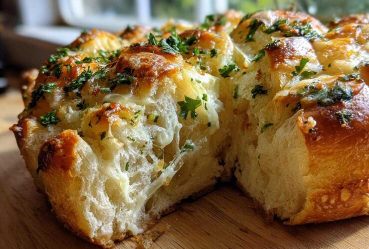 Close-up of cheesy Hawaiian Roll Garlic Bread showing a gooey cheese pull and fresh parsley topping.