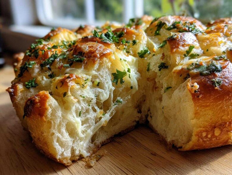 Close-up of cheesy Hawaiian Roll Garlic Bread showing a gooey cheese pull and fresh parsley topping.