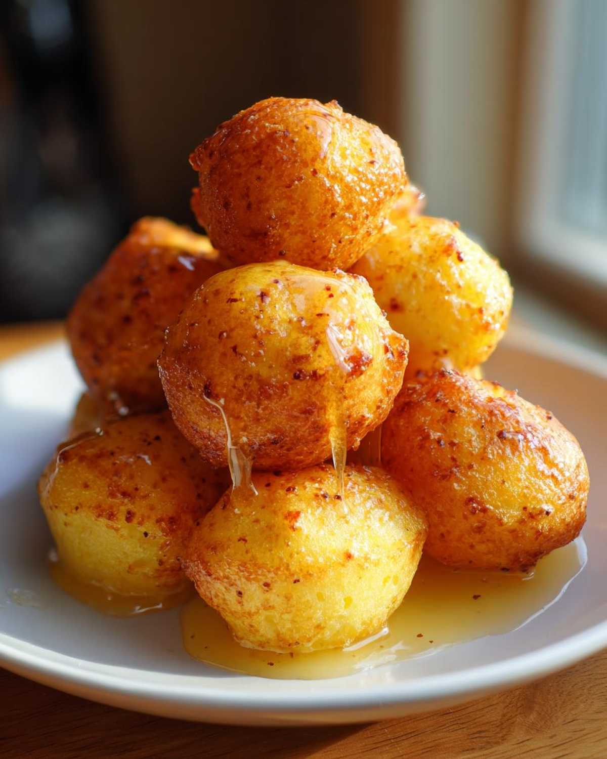 A stack of golden-brown Honey Butter Cornbread Poppers drizzled generously with honey.