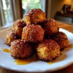 A stack of golden brown Honey Butter Cornbread Poppers drizzled generously with shiny honey butter glaze on a white plate.