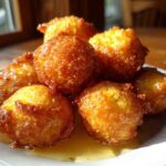 A stack of golden brown, fried Honey Butter Cornbread Poppers drizzled with honey on a white plate.