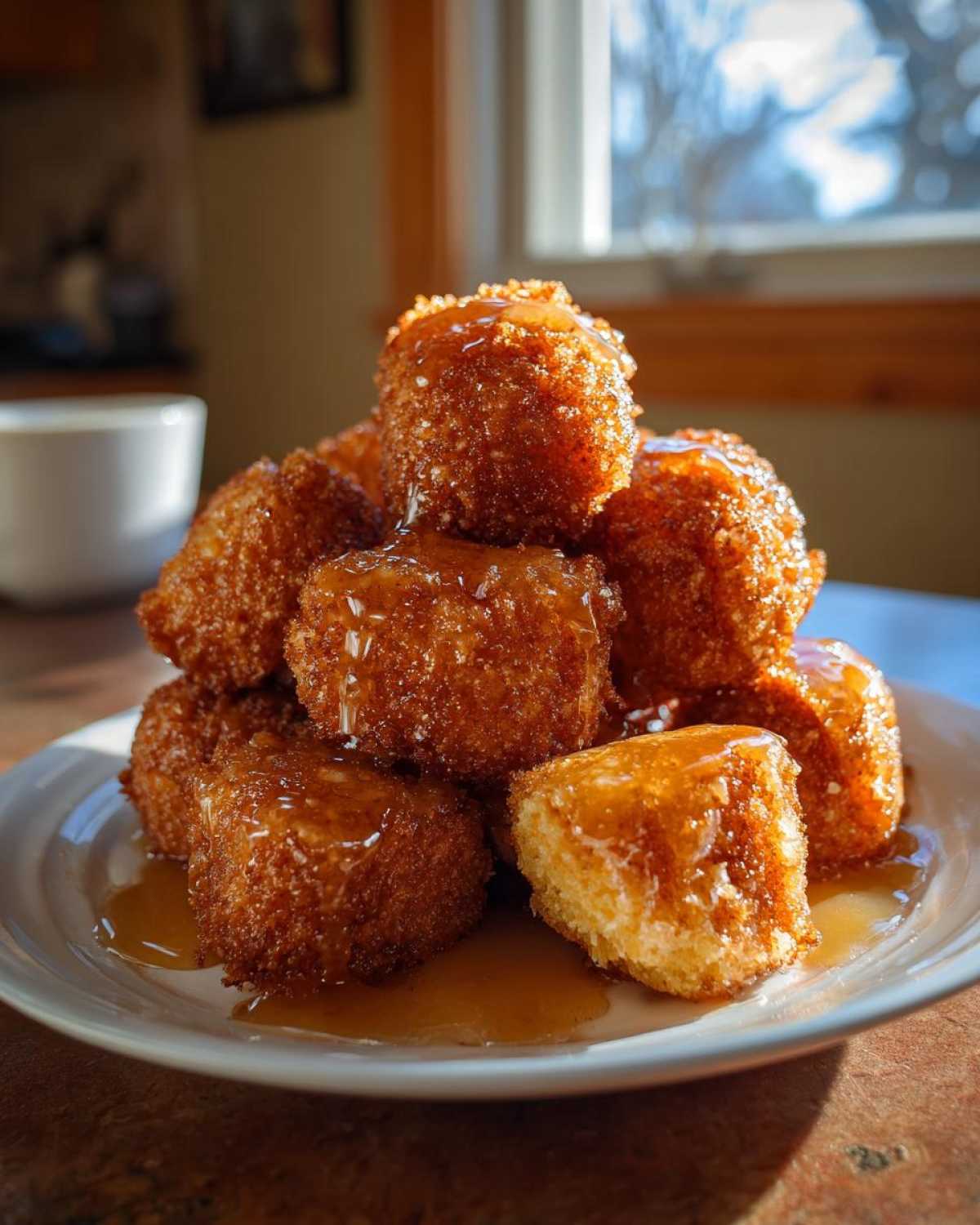 A stack of golden brown Honey Butter Cornbread Poppers drizzled generously with honey butter glaze on a white plate.