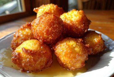 A stack of golden brown, fried Honey Butter Cornbread Poppers drizzled with honey on a white plate.