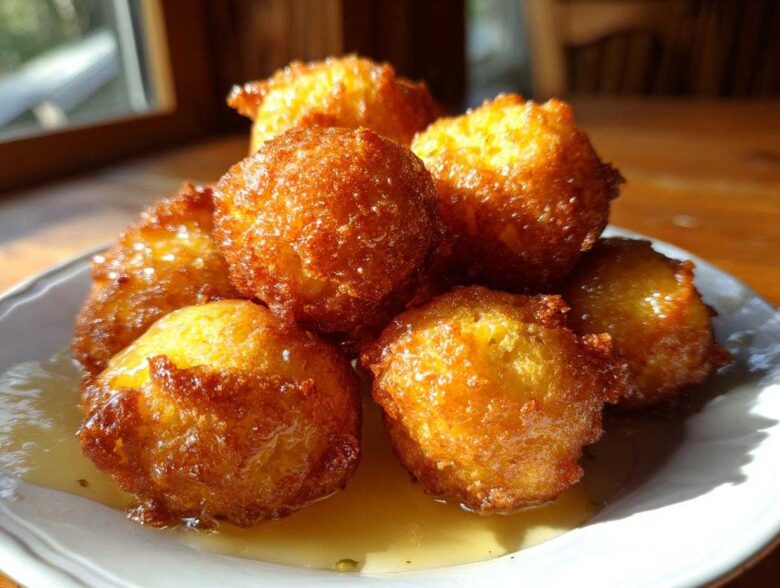 A stack of golden brown, fried Honey Butter Cornbread Poppers drizzled with honey on a white plate.