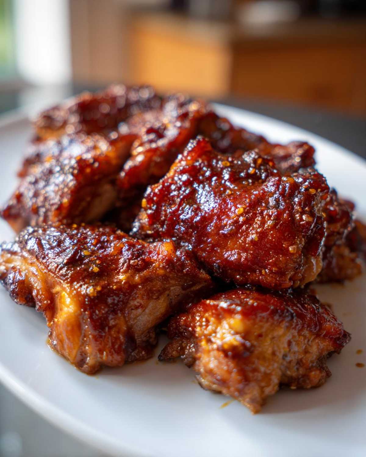 Close-up of several pieces of glistening Honey Garlic Boneless Chicken Thighs coated in a thick, dark glaze.