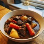 A close-up of a rich, dark bowl of Irish Veggie Stew featuring chunks of beef, bright orange carrots, and golden potatoes.