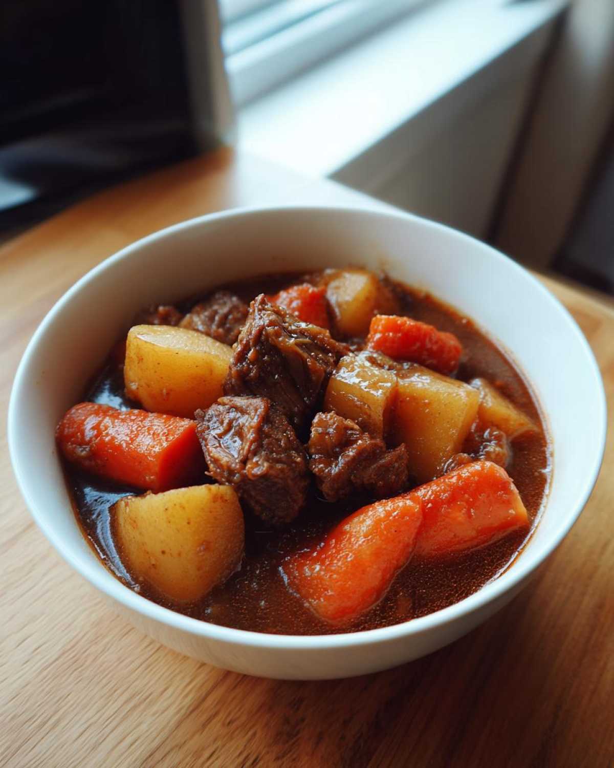 A close-up of a white bowl filled with rich, dark Irish Veggie Stew featuring chunks of beef, potatoes, and carrots.