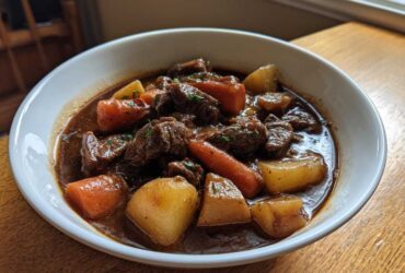 A close-up of a white bowl filled with rich, dark Irish Veggie Stew featuring chunks of beef, carrots, and potatoes.