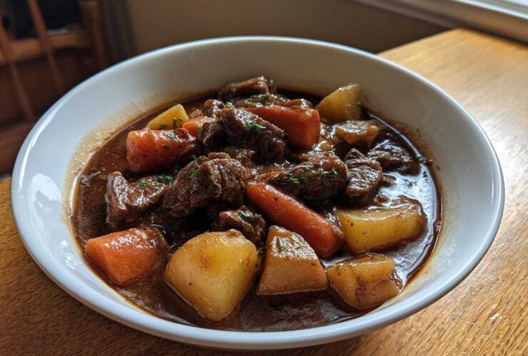 A close-up of a white bowl filled with rich, dark Irish Veggie Stew featuring chunks of beef, carrots, and potatoes.