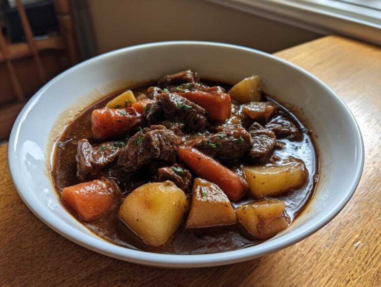 A close-up of a white bowl filled with rich, dark Irish Veggie Stew featuring chunks of beef, carrots, and potatoes.