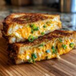 Close-up of a Jalapeño Popper Grilled Cheese Sandwich cut in half, showing melted orange cheese and green jalapeño pieces.