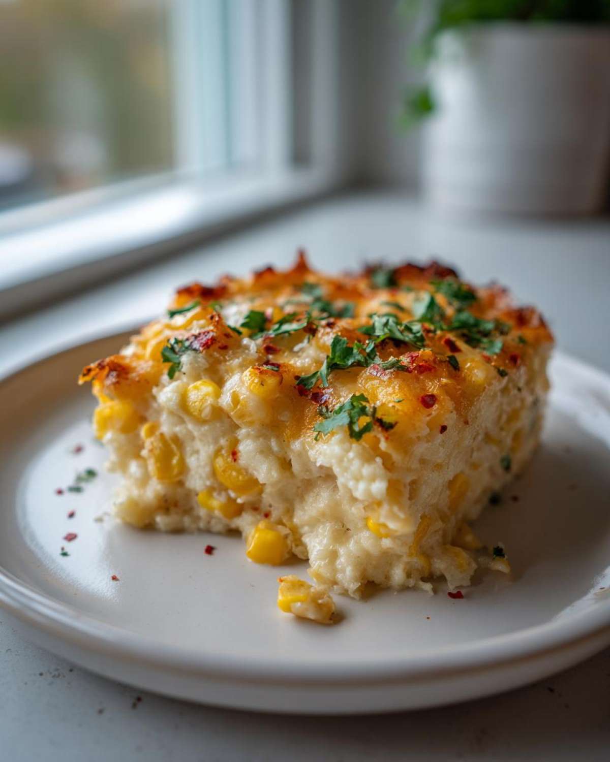 A close-up serving of creamy Mexican Street Corn Casserole topped with melted cheese, cilantro, and chili flakes.
