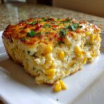 A square slice of creamy Mexican Street Corn Casserole, topped with melted cheese, chili flakes, and cilantro.