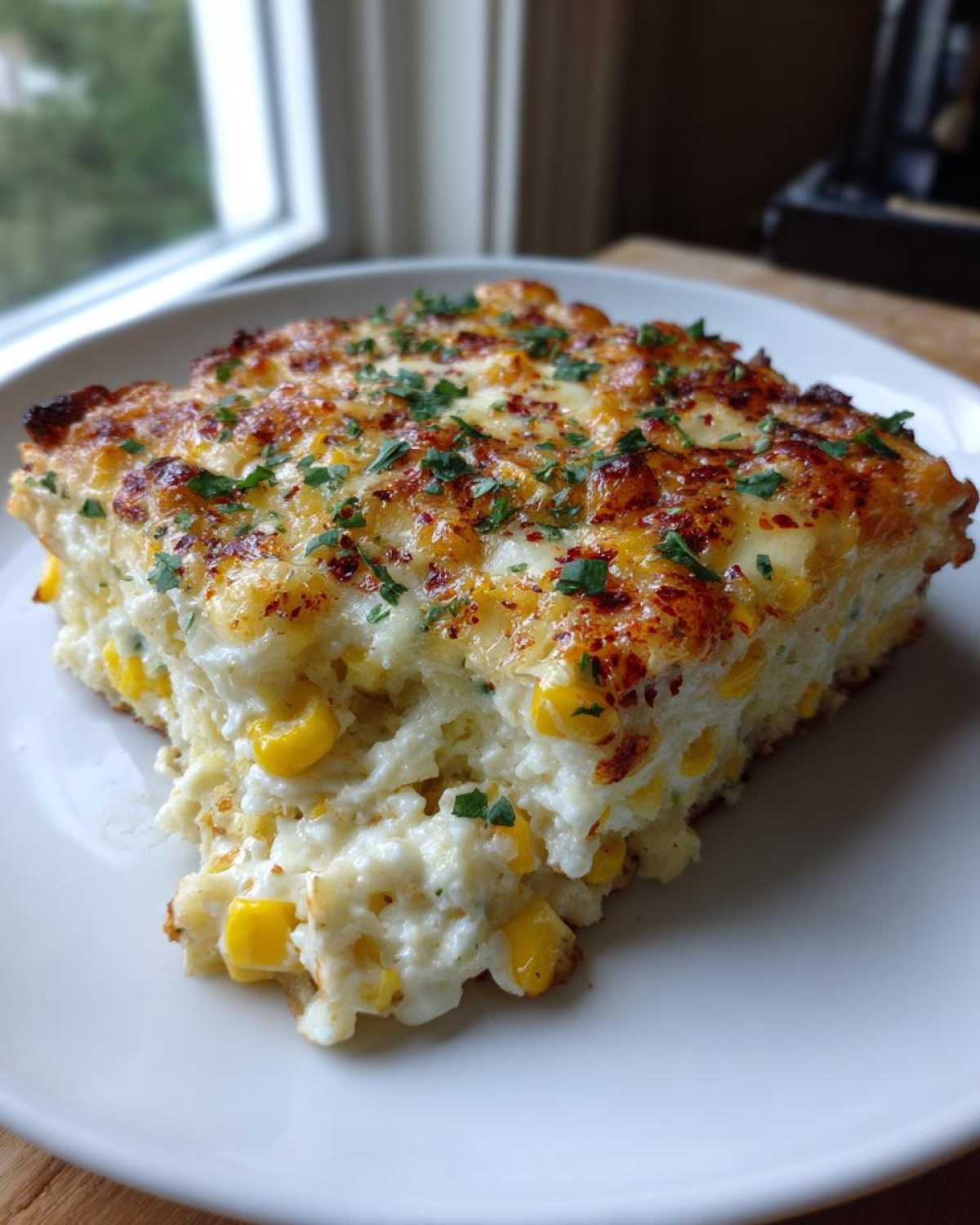 A square serving of creamy Mexican Street Corn Casserole topped with browned cheese and chopped parsley.