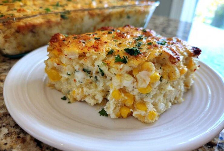 A slice of creamy Mexican Street Corn Casserole loaded with corn kernels and topped with melted cheese and herbs.