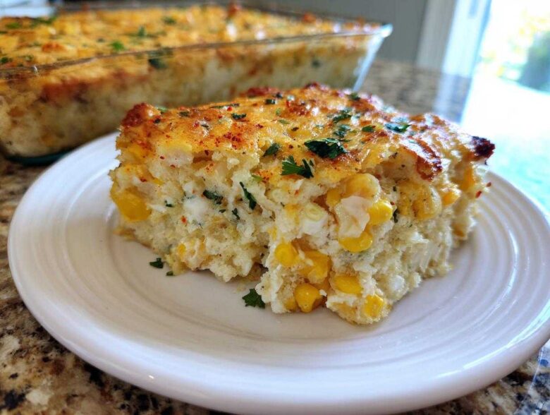 A slice of creamy Mexican Street Corn Casserole loaded with corn kernels and topped with melted cheese and herbs.