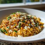 A close-up of Mexican Street Corn Orzo Pasta Salad topped with crumbled white cheese and fresh parsley.