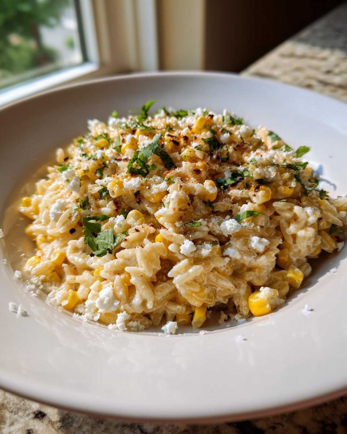 A close-up of creamy Mexican Street Corn Orzo Pasta Salad topped with cotija cheese, cilantro, and chili powder.
