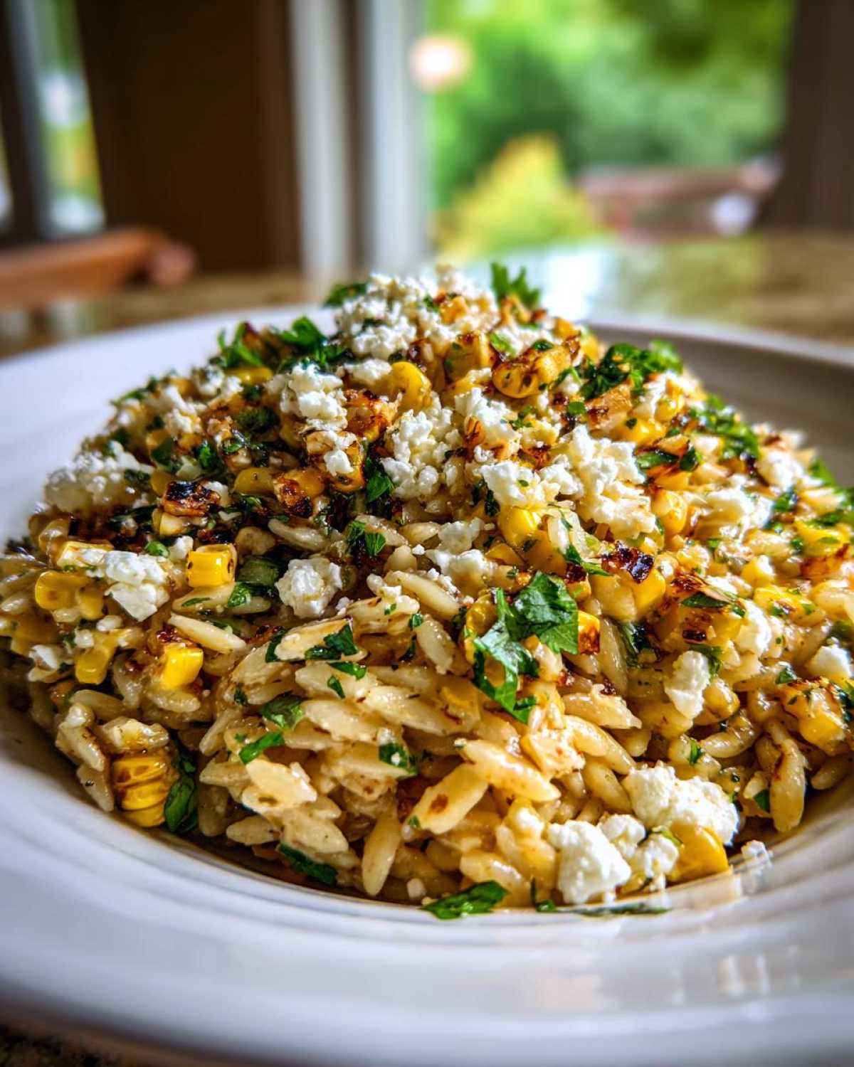 Close-up of Mexican Street Corn Orzo Pasta Salad topped with crumbled white cheese and fresh cilantro.