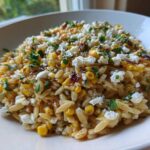 A close-up of Mexican Street Corn Orzo Pasta Salad topped with cotija cheese and cilantro in a white bowl.