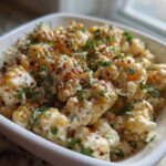 A close-up view of creamy Mexican Street Corn Salad kernels coated in a white sauce, sprinkled with chili powder and cilantro.
