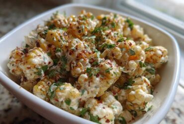A close-up view of creamy Mexican Street Corn Salad kernels coated in a white sauce, sprinkled with chili powder and cilantro.