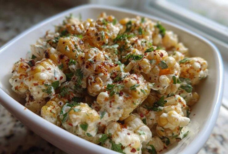A close-up view of creamy Mexican Street Corn Salad kernels coated in a white sauce, sprinkled with chili powder and cilantro.