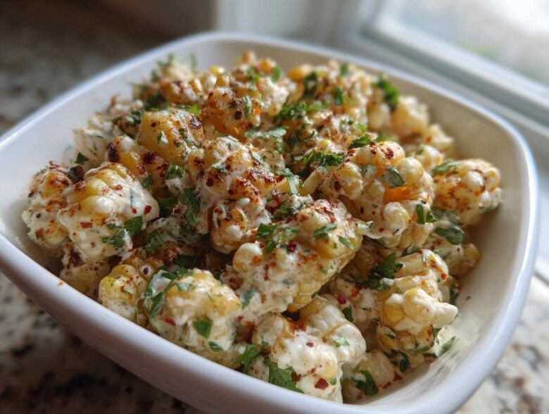 A close-up view of creamy Mexican Street Corn Salad kernels coated in a white sauce, sprinkled with chili powder and cilantro.