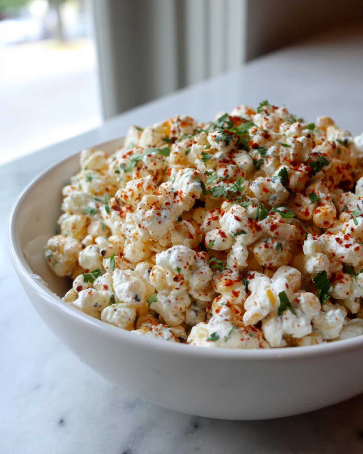 Close-up of Mexican Street Corn Salad made with corn kernels coated in creamy dressing, sprinkled with chili powder and cilantro.