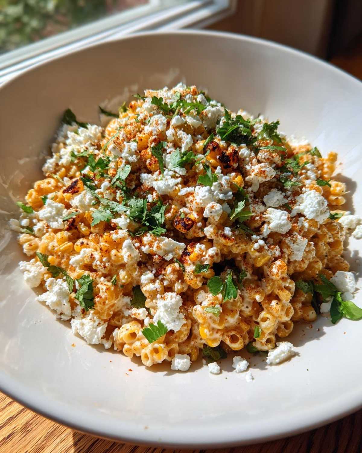 A close-up of Mexican Style Elote Pasta Salad topped generously with cotija cheese, chili powder, and cilantro.