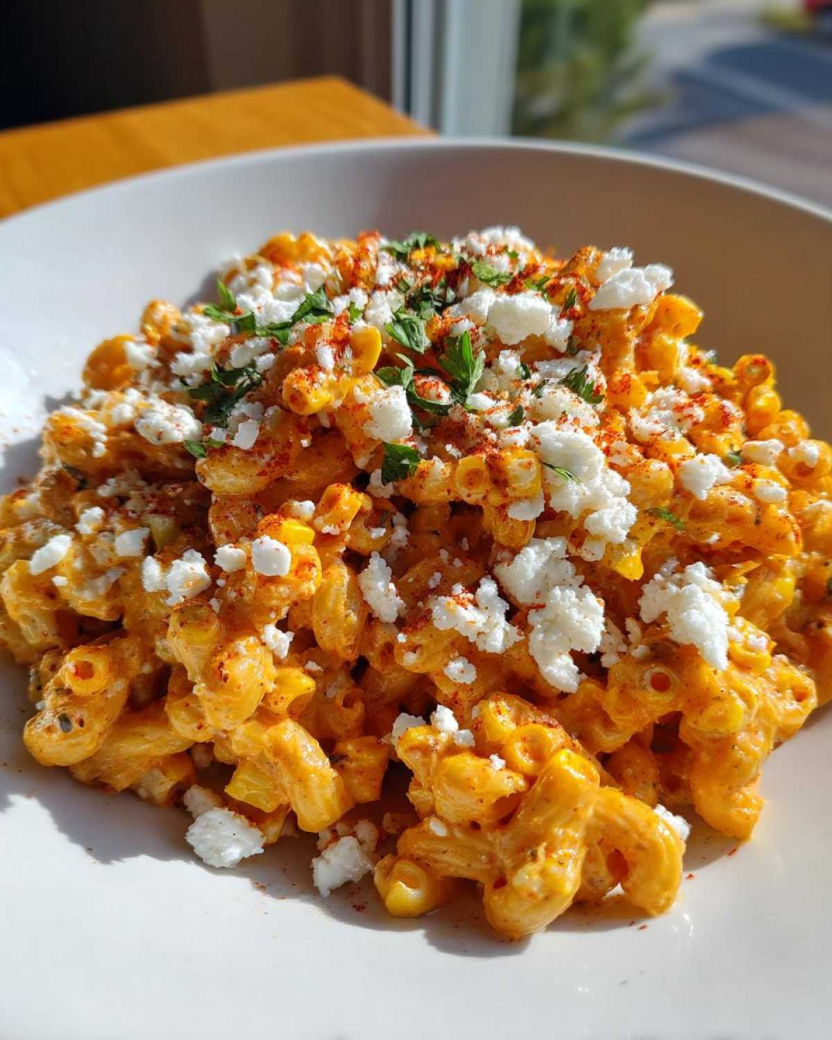 Close-up of creamy Mexican Style Elote Pasta Salad topped with cotija cheese, chili powder, and cilantro.