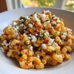 A close-up serving of creamy Mexican Style Elote Pasta Salad topped with crumbled white cheese and fresh parsley.