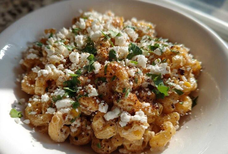 Close-up of Mexican Style Elote Pasta Salad topped with crumbled white cheese and cilantro.