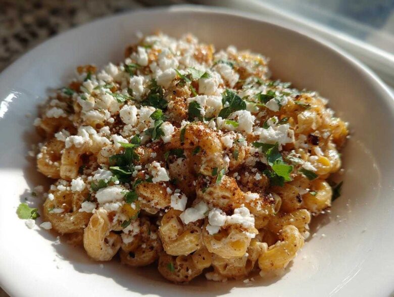 Close-up of Mexican Style Elote Pasta Salad topped with crumbled white cheese and cilantro.