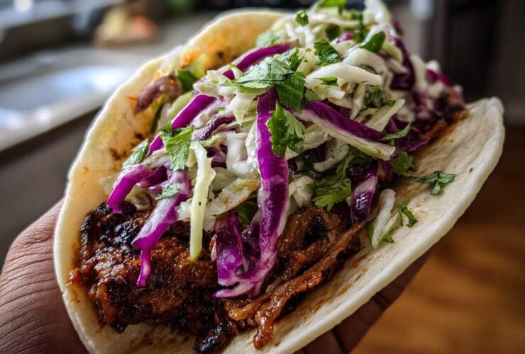 Close-up of a hand holding a soft tortilla filled with saucy mushroom filling and topped with purple and white cabbage slaw.