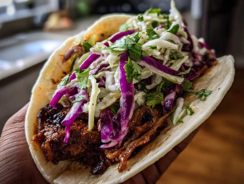 Close-up of a hand holding a soft tortilla filled with saucy mushroom filling and topped with purple and white cabbage slaw.
