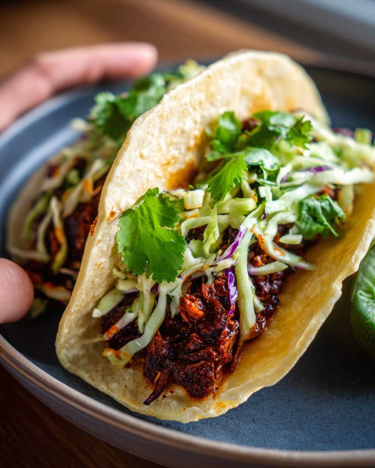 Close-up of two soft tortilla Mushroom Tacos filled with dark, rich filling, topped with fresh cabbage slaw and cilantro.