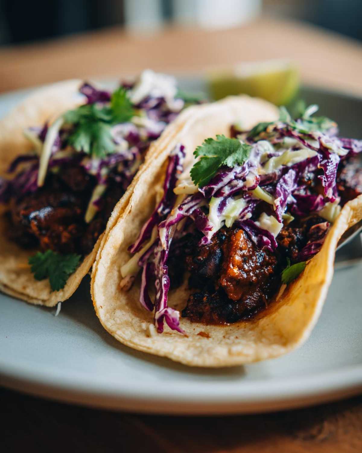 Close-up of two soft corn tortillas filled with savory Mushroom Tacos, topped with purple cabbage slaw and cilantro.