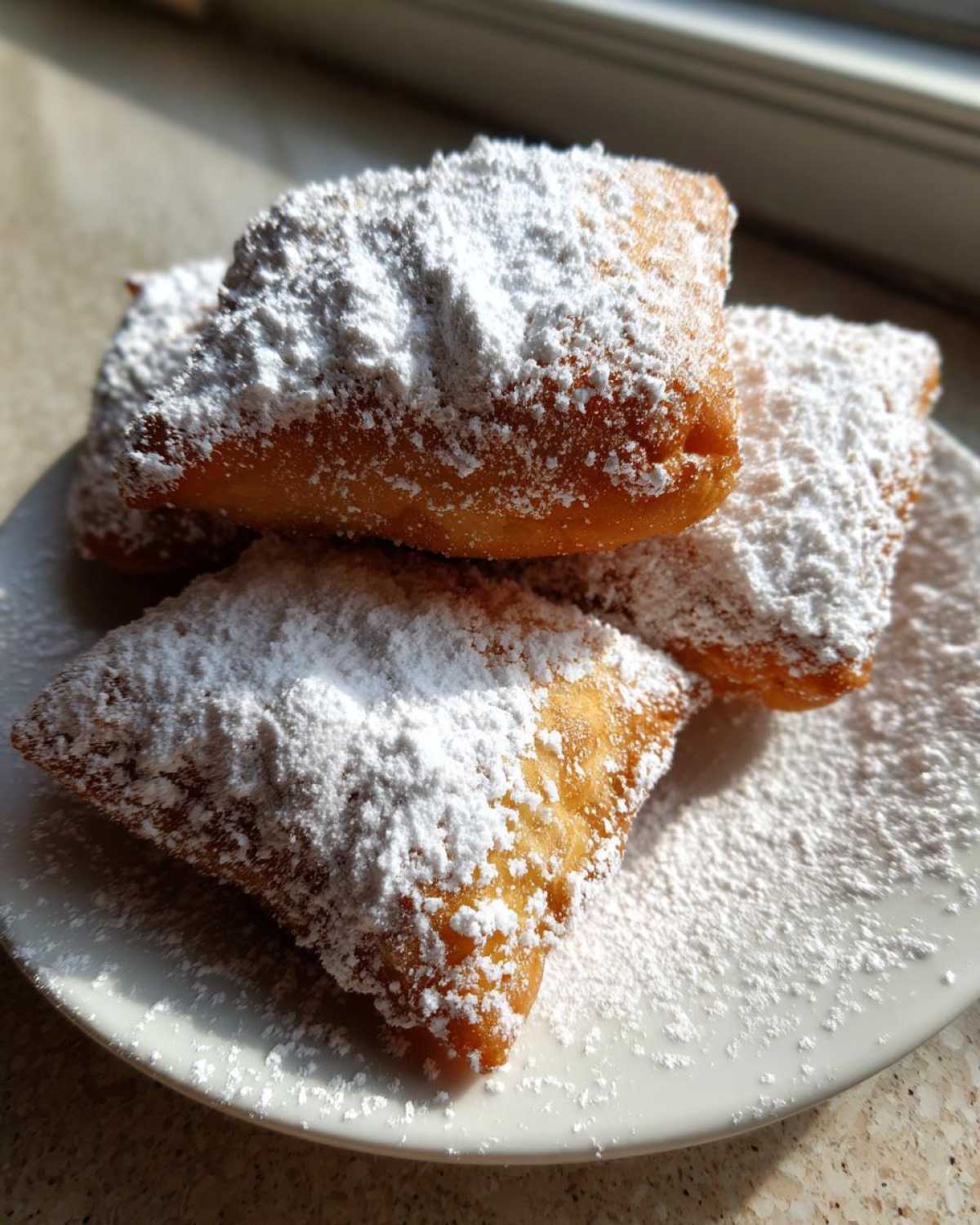 Close-up of three golden brown New Orleans Beignets heavily dusted with powdered sugar on a white plate.